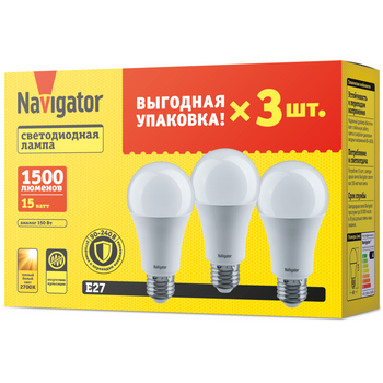 Лампа светодиодная 95 320 NLL-A60-15-230-2.7K-E27-PACK3 NAVIGATOR 95320