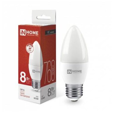 Лампа светодиодная LED-СВЕЧА-VC 8Вт свеча 4000К нейтр. бел. E27 760лм 230В IN HOME 4690612020457