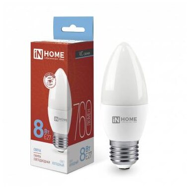 Лампа светодиодная LED-СВЕЧА-VC 8Вт свеча 230В E27 6500К 760лм IN HOME 4690612024820