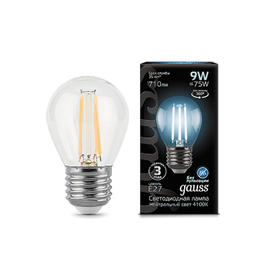 Лампа светодиодная филаментная Filament 9Вт шар 4100К нейтр. бел. E27 710лм GAUSS 105802209
