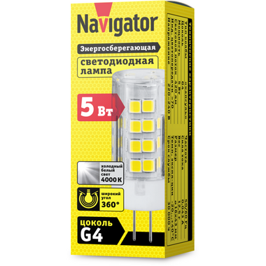 Лампа светодиодная 61 484 NLL-P-G4-5-230-4K 5Вт прозрачная 4000К нейтр. бел. G4 420лм 220-240В Navigator 61484