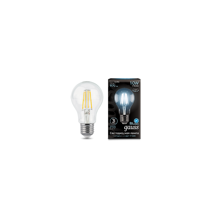 Лампа светодиодная филаментная Filament 10Вт A60 4100К нейтр. бел. E27 970лм GAUSS 102802210