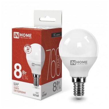 Лампа светодиодная LED-ШАР-VC 8Вт шар 4000К нейтр. бел. E14 760лм 230В IN HOME 4690612020556