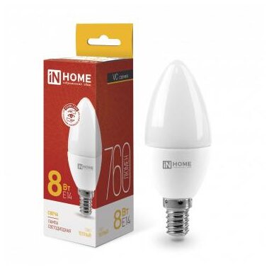Лампа светодиодная LED-СВЕЧА-VC 8Вт свеча 230В E14 3000К 760лм IN HOME 4690612020426