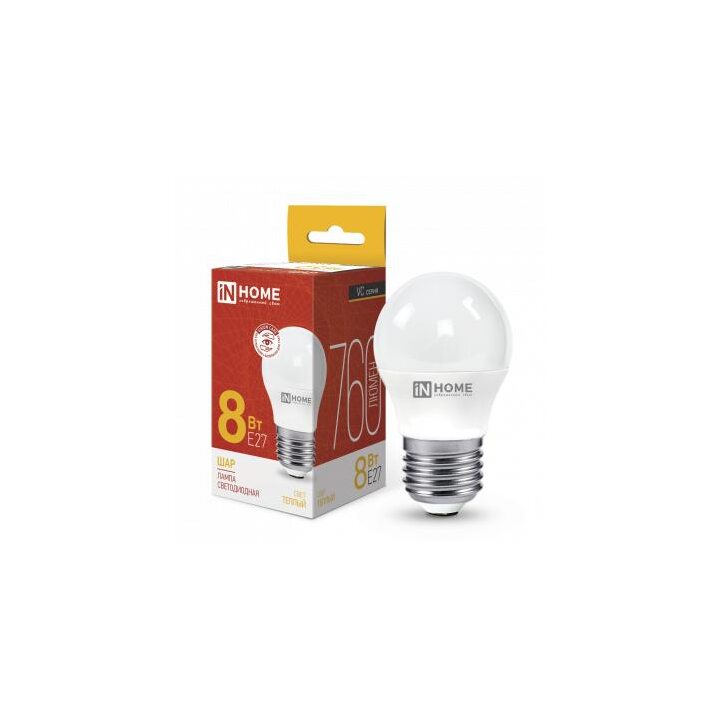 Лампа светодиодная LED-ШАР-VC 8Вт шар 230В E27 3000К 760лм IN HOME 4690612020563