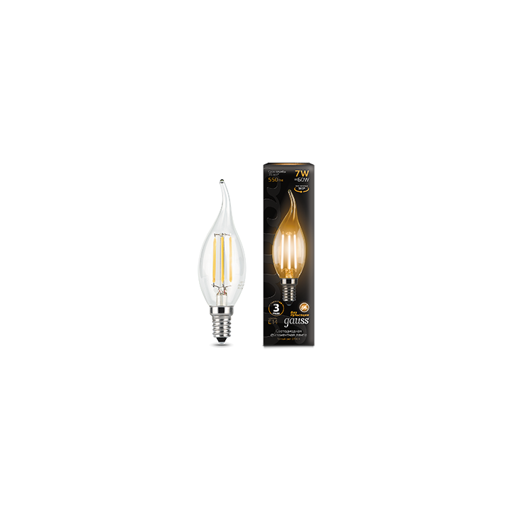 Лампа светодиодная филаментная Filament 7Вт свеча на ветру 2700К тепл. бел. E14 550лм GAUSS 104801107