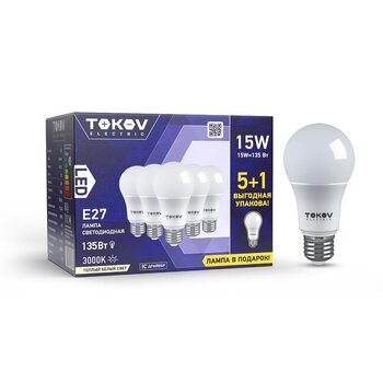 Лампа светодиодная 15Вт А60 3000К Е27 176-264В Promo 5+1 TOKOV ELECTRIC Promo-A60-E27-15-3K