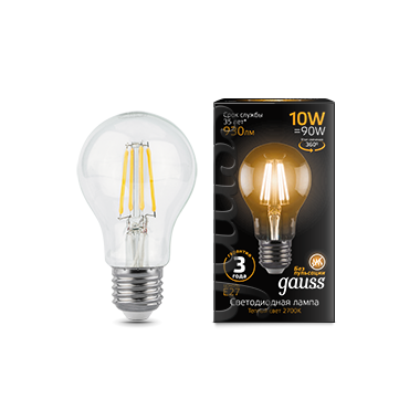 Лампа светодиодная филаментная Filament 10Вт A60 2700К тепл. бел. E27 930лм GAUSS 102802110