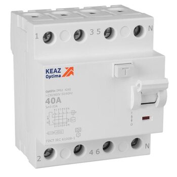 Выключатель дифференциального тока (УЗО) 4п 40А 30мА тип A 4.5кА OptiDin DM63-4240 УХЛ4 КЭАЗ 343916